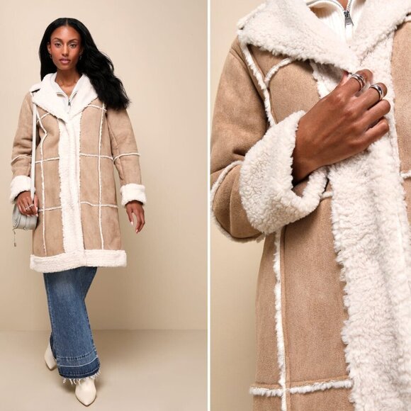 Lulus Warm Love Beige and Ivory Patchwork Shearling Coat Size S - Picture 1 of 14